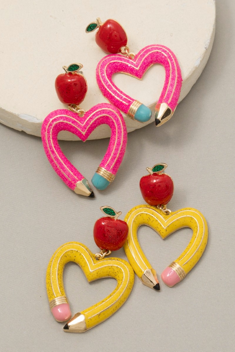 Enamel Pencil Heart And Apple Stud Dangle Earrings
