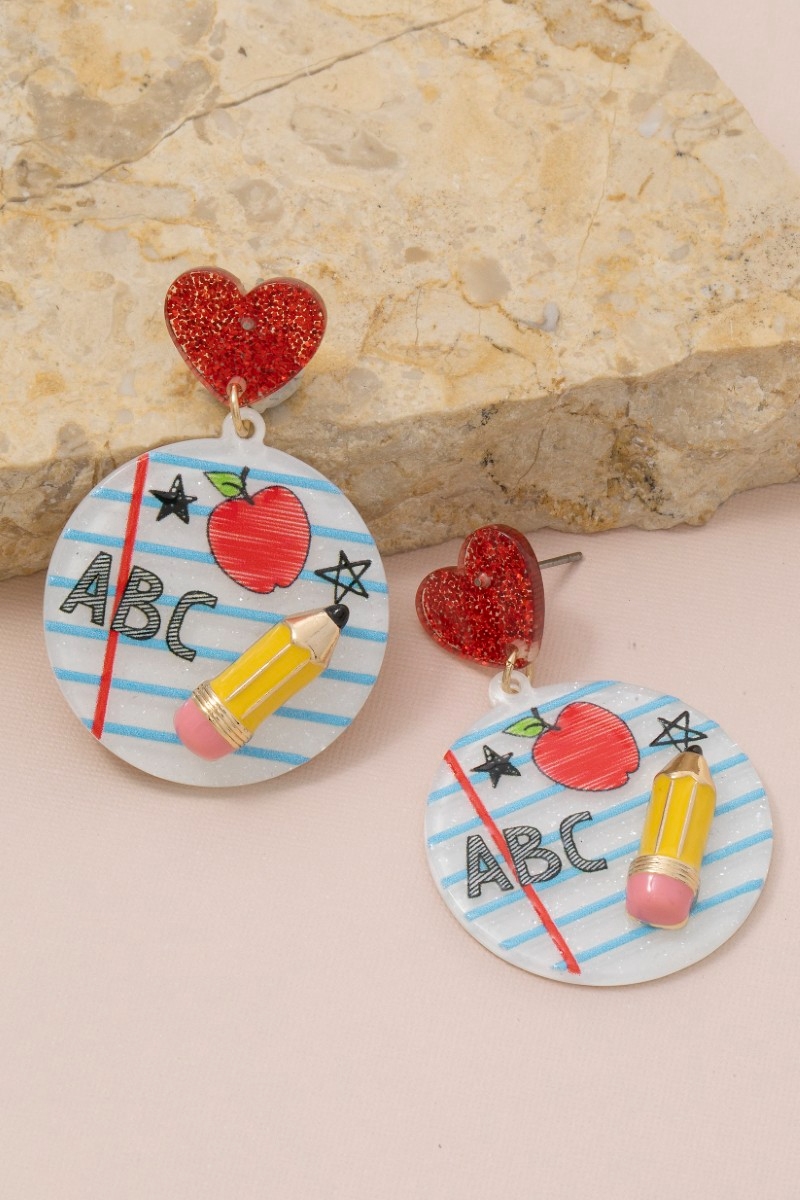 Glitter Resin Heart And School Theme Stud Dangle Earrings