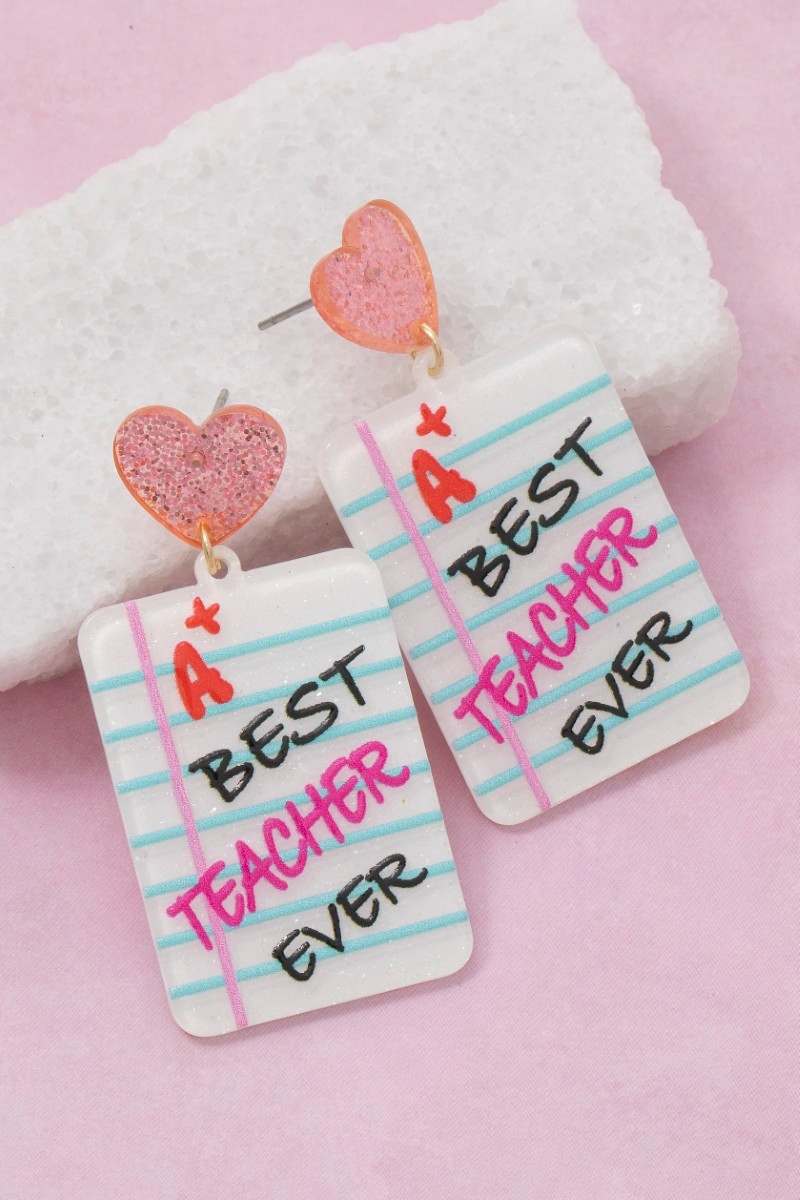 Best Teacher Ever Paper Heart Stud Dangle Earrings