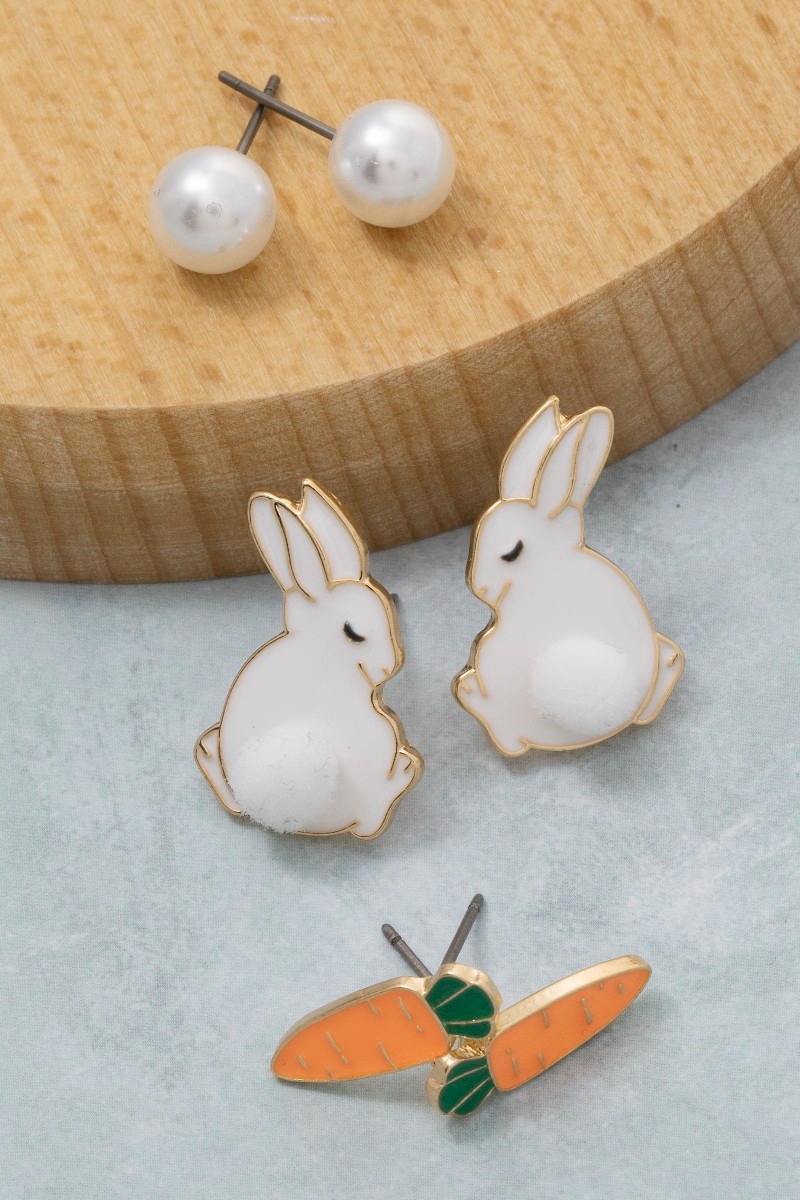Pearl And Enamel Carrot Bunny Stud Earrings Set
