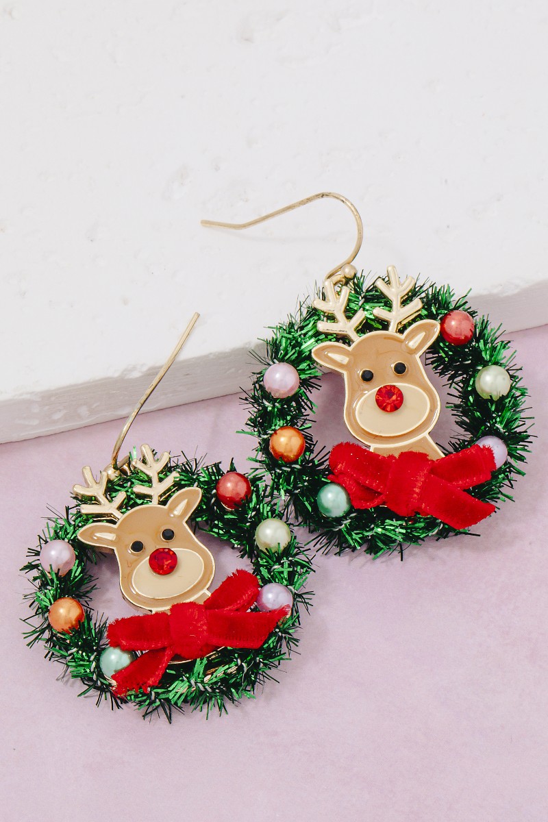 Enamel Reindeer Wreath Christmas Holiday Dangle Earrings