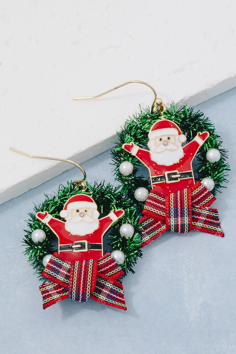 Enamel Santa Claus Wreath Christmas Holiday Dangle Earrings