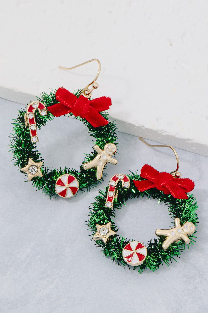Bow Christmas Wreath Holiday Dangle Earrings