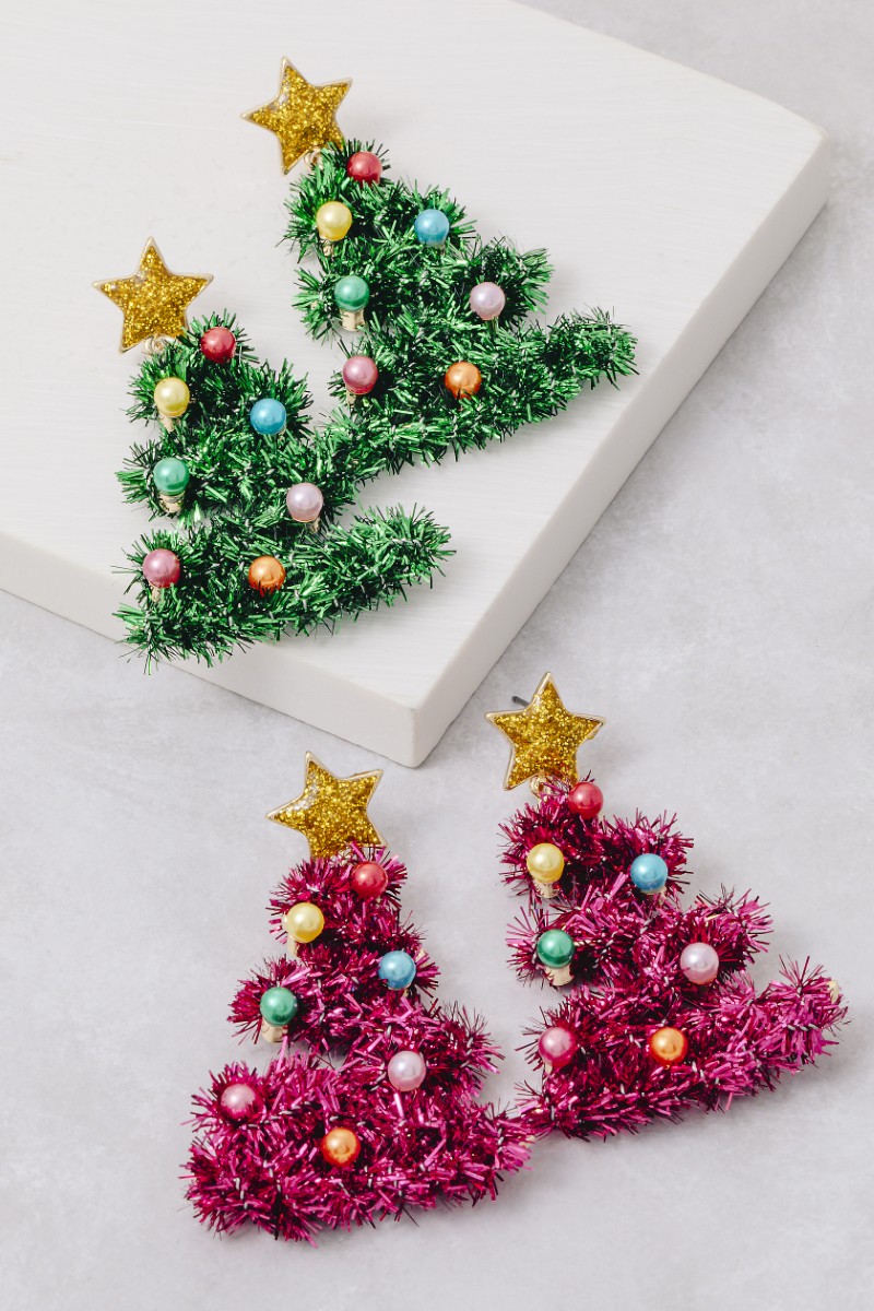 Christmas Tree Tinsel Drop Earrings