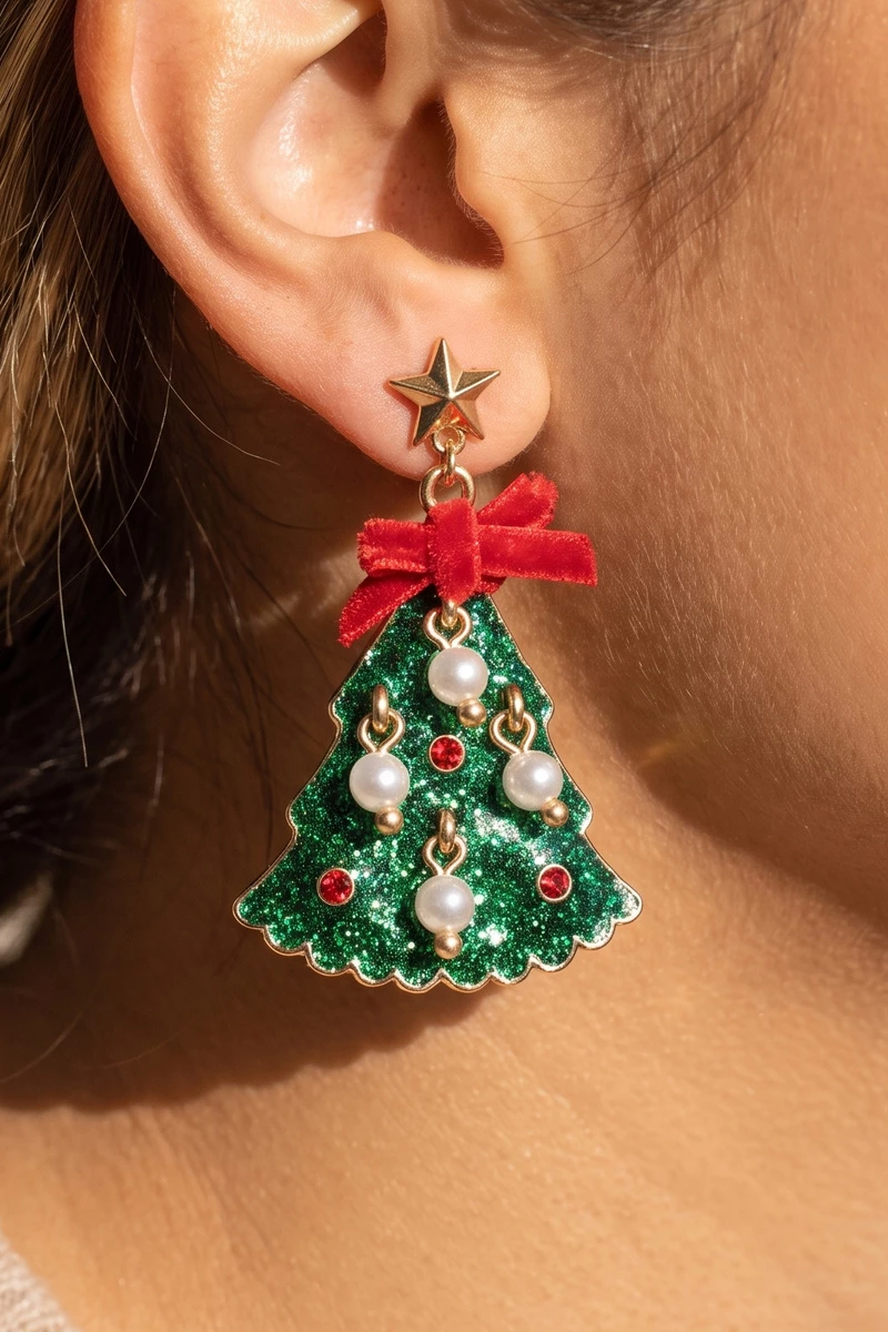Glitter Christmas Tree Pearl Drop Earrings