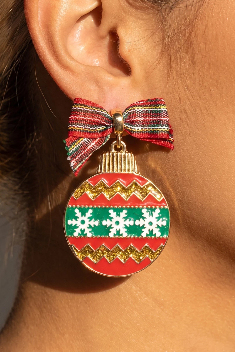 Plaid Bow Christmas Snowflake Ornament Holiday Earrings