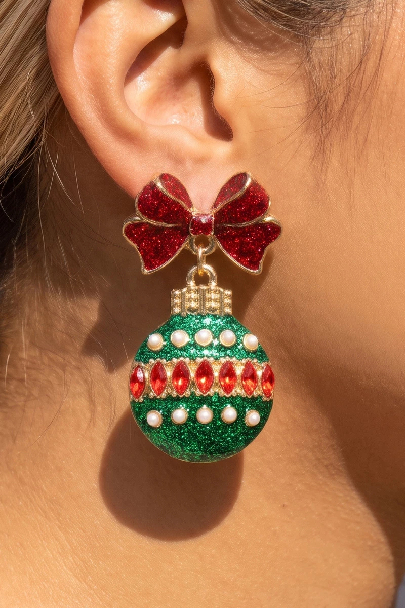 Glitter Bow Pearl Ornament Christmas Earrings