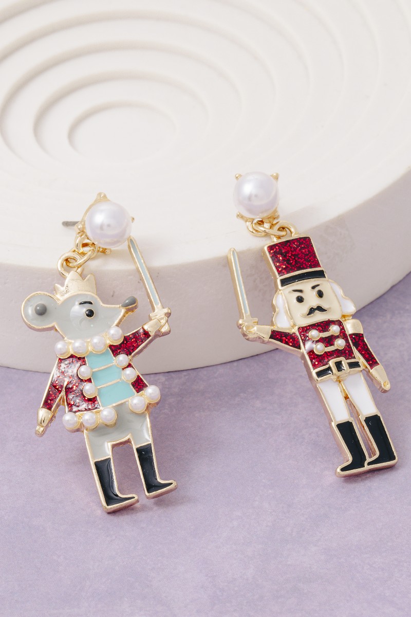 Pearl Stud Glitter Resin Nutcracker Christmas Holiday Dangle Earrings