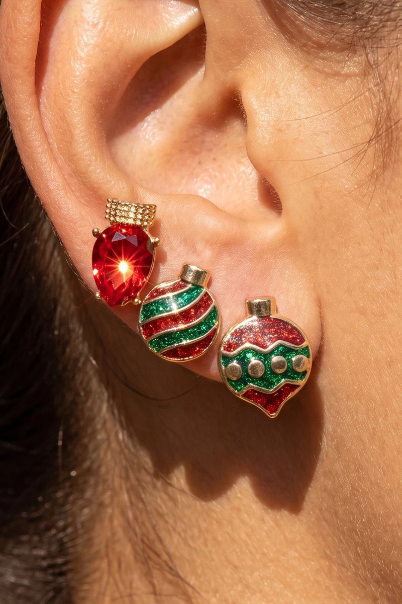 Glitter Christmas Ornament And Bulb Stud Earrings Set