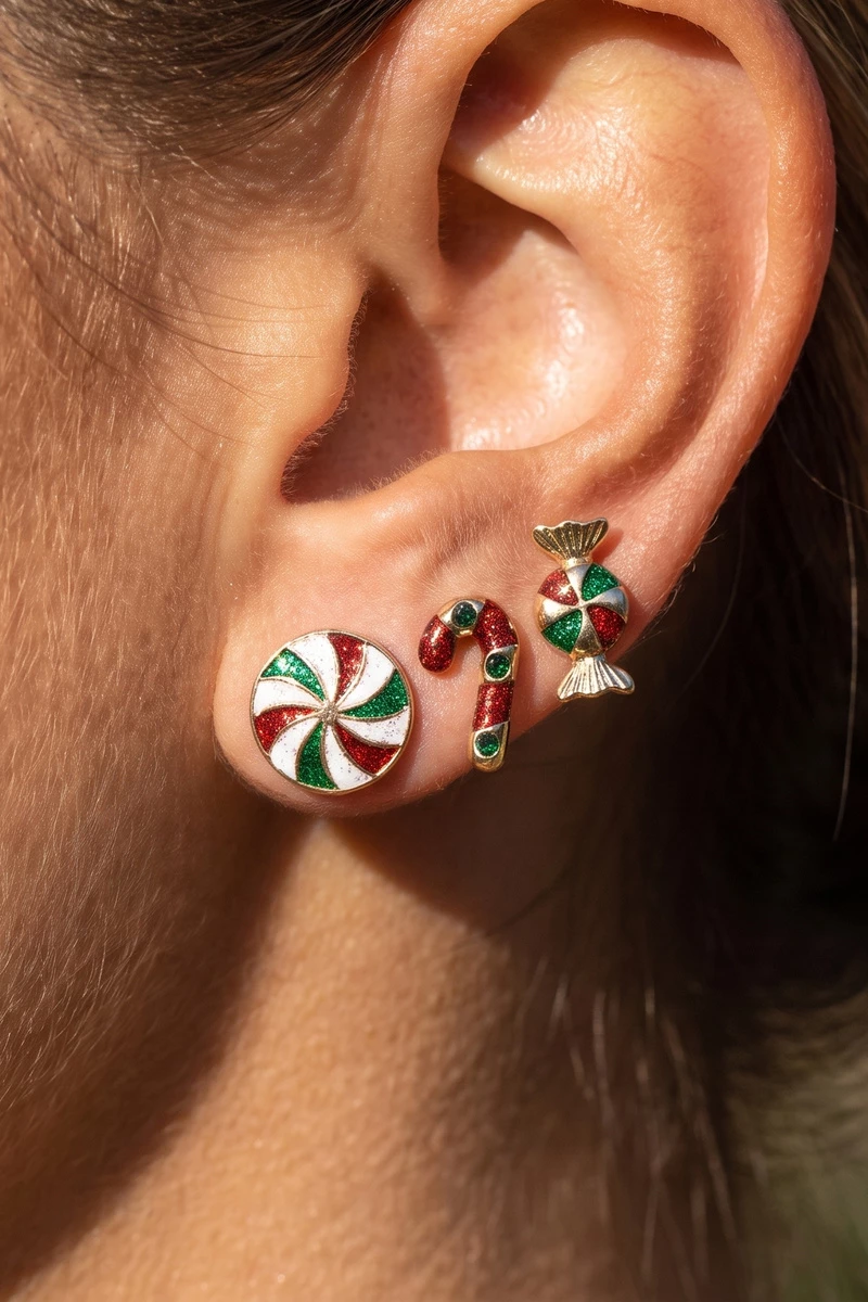 Peppermint Christmas Candy Cane Stud Earrings Set