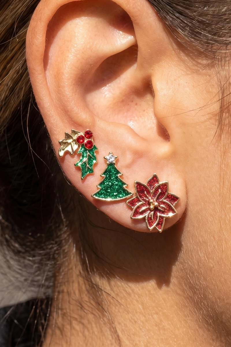 Christmas Tree Poinsettia Holly Stud Earrings Set
