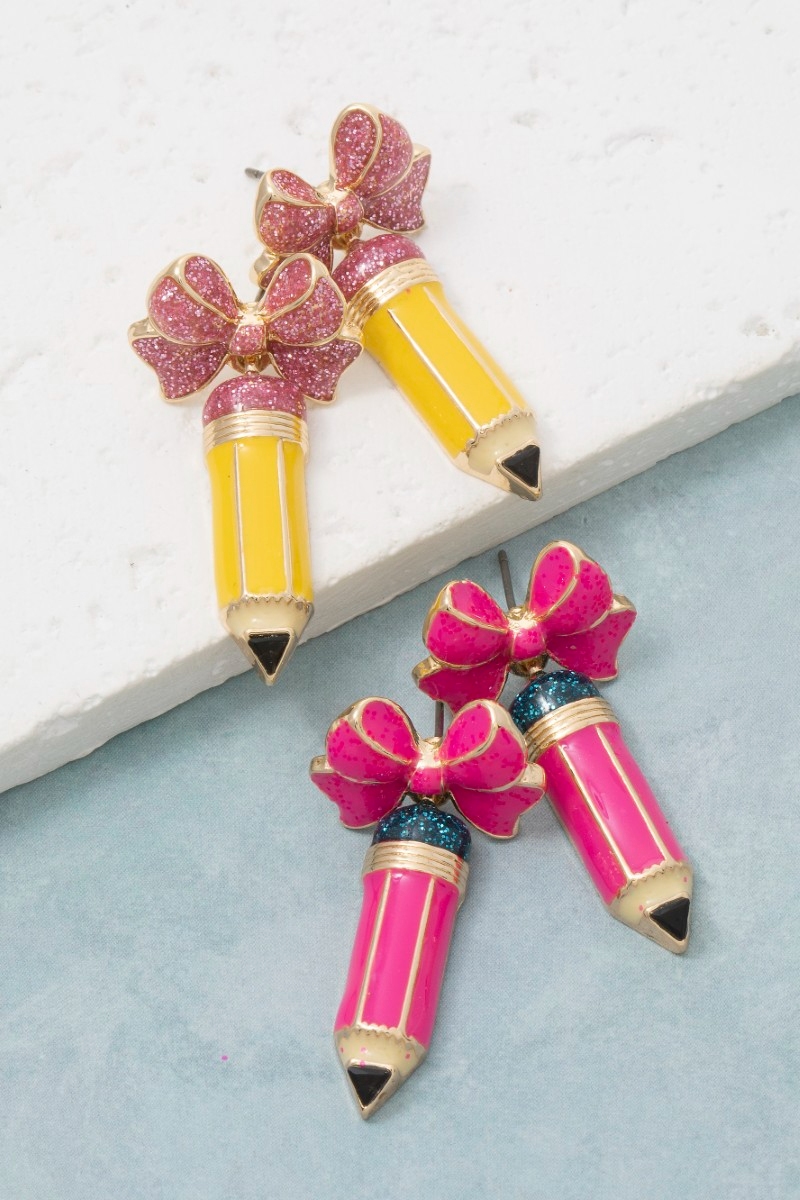 Enamel Pencil And Bow Stud Dangle Earrings