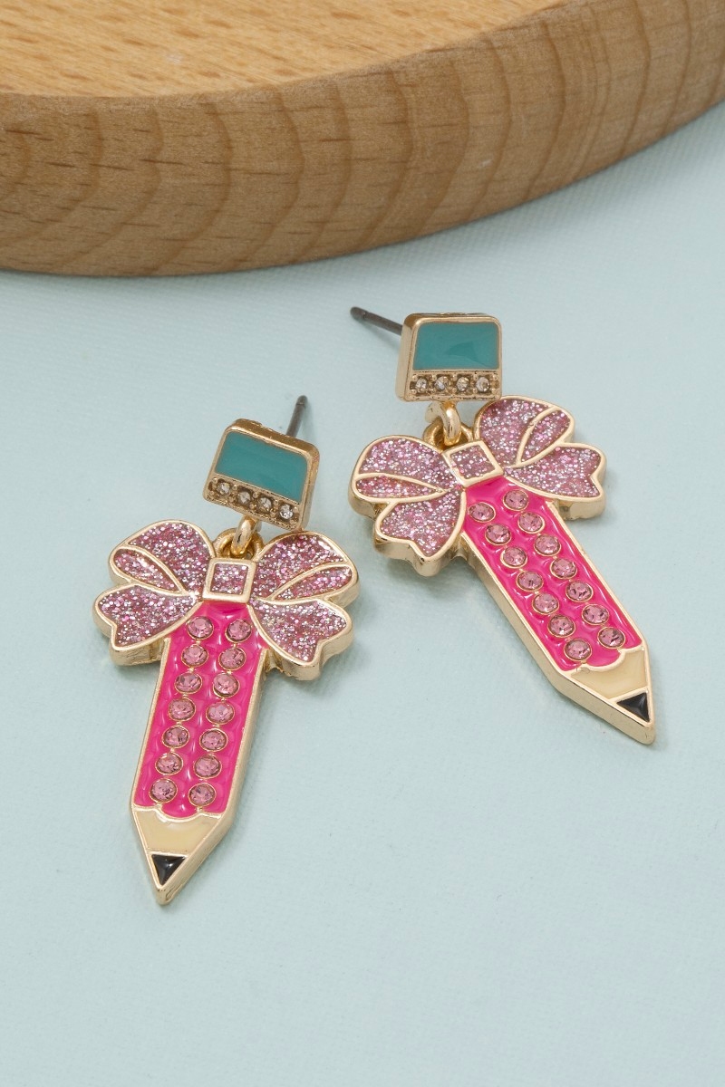 Pave And Enamel Pencil Bow Stud Dangle Earrings
