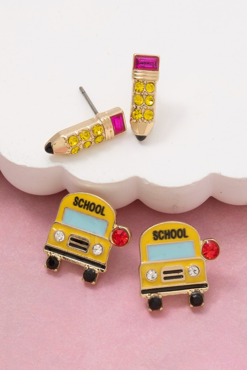 Enamel School Bus And Pencil Stud Dangle Earrings