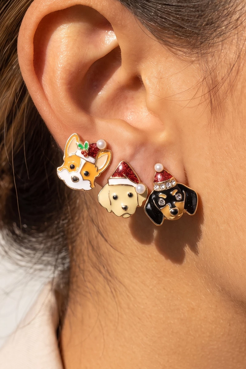 Christmas Santa Hat Puppy Dog Stud Earrings Set