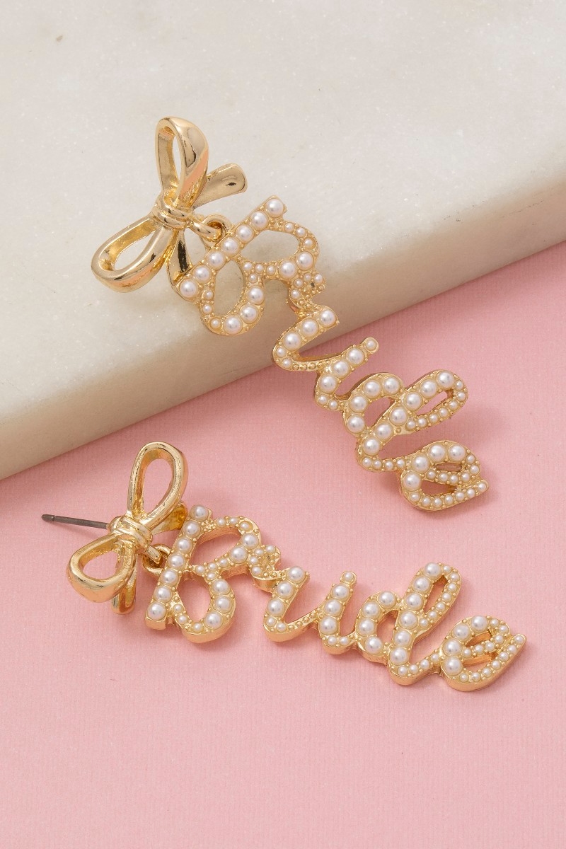 Pearl Pave Bride And Bow Stud Dangle Earrings