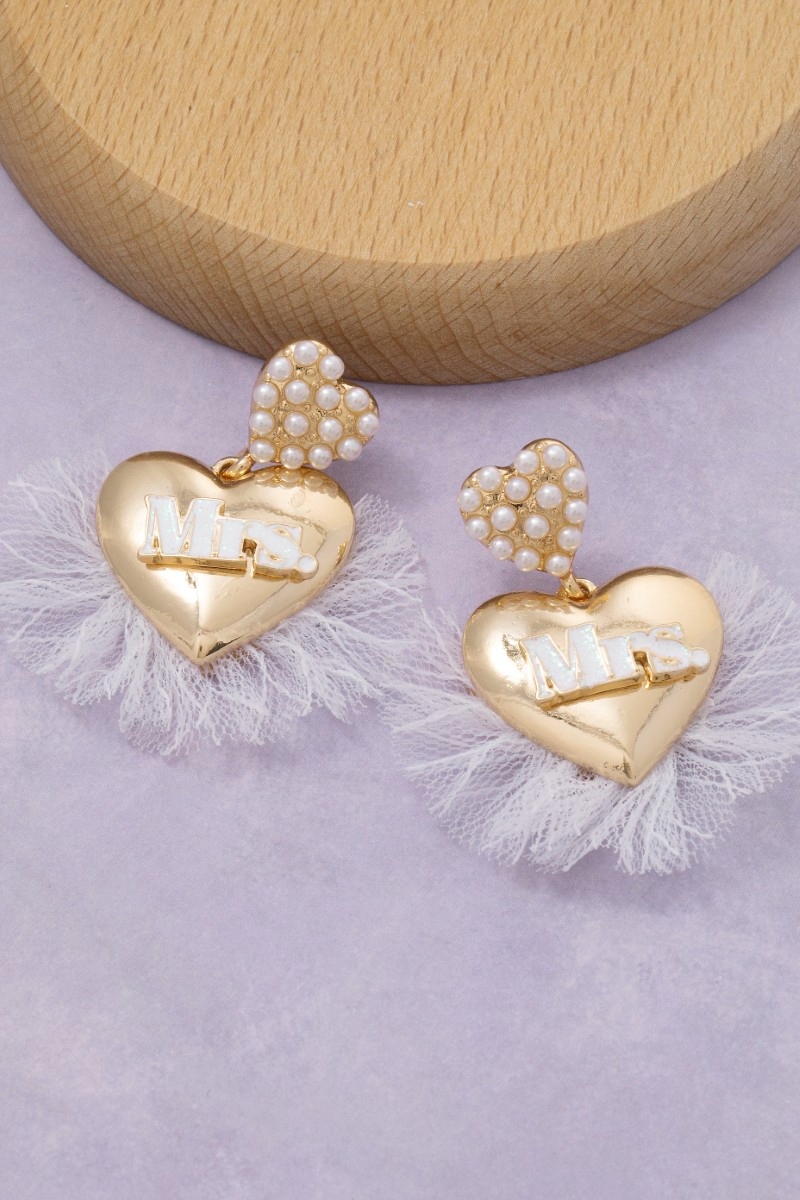 Enamel Mrs Pearl And Metallic Heart Stud Dangle Earrings
