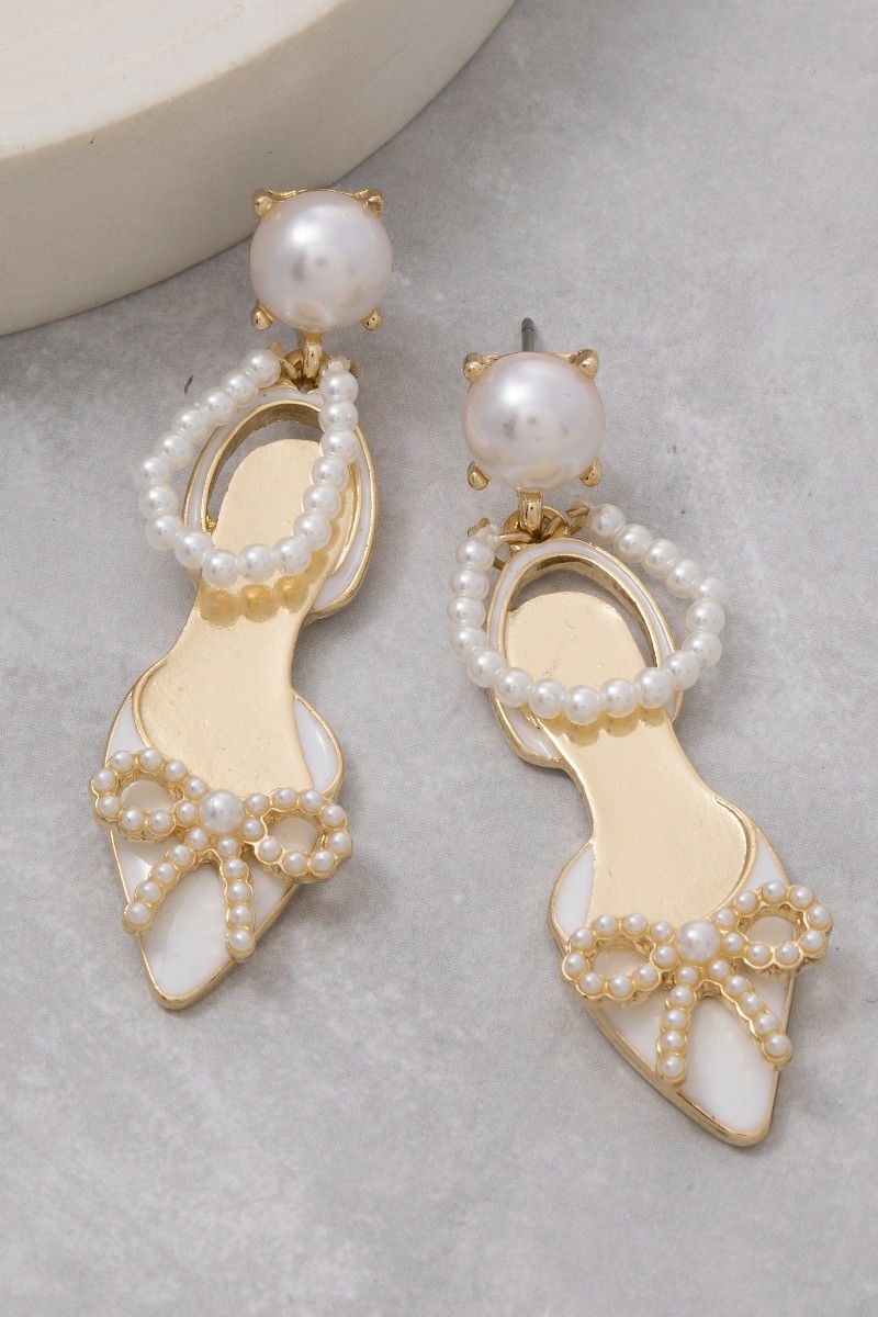 Enamel Kitten Heels Bow And Pearls Stud Dangle Earrings