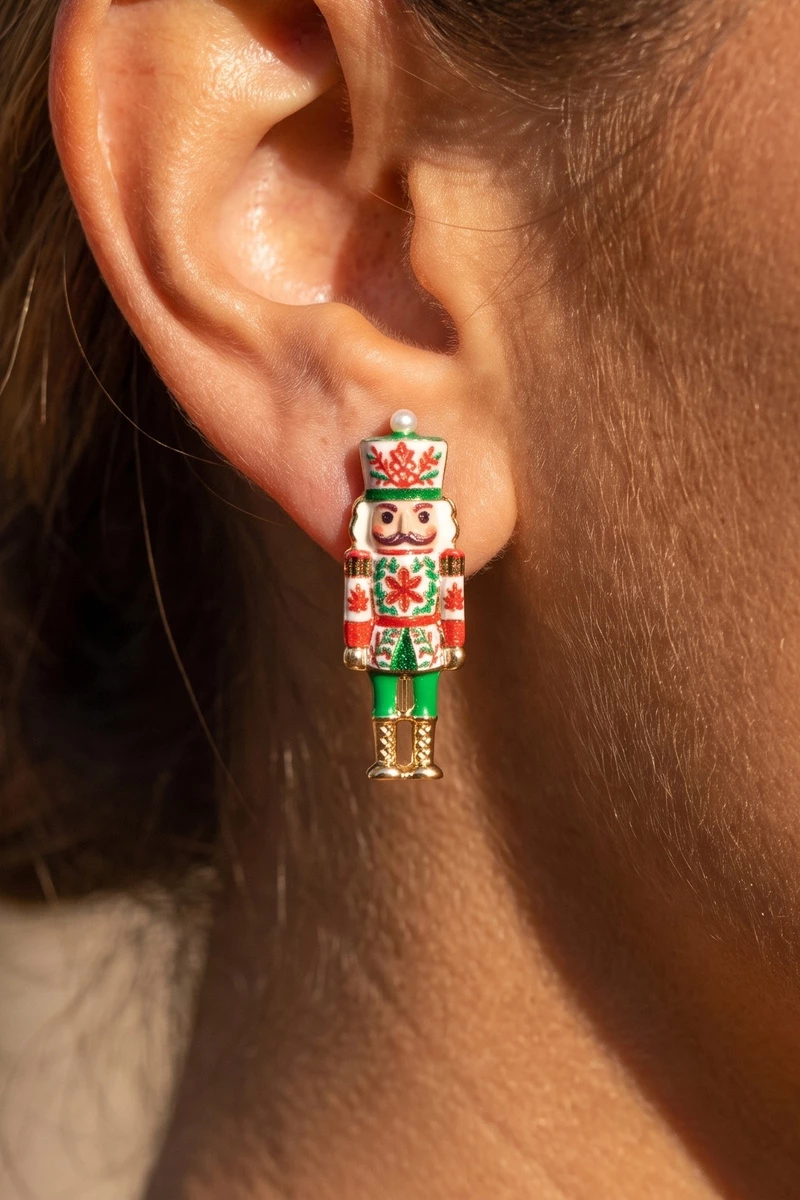 Vintage Print Christmas Nutcracker Pearl Stud Earrings