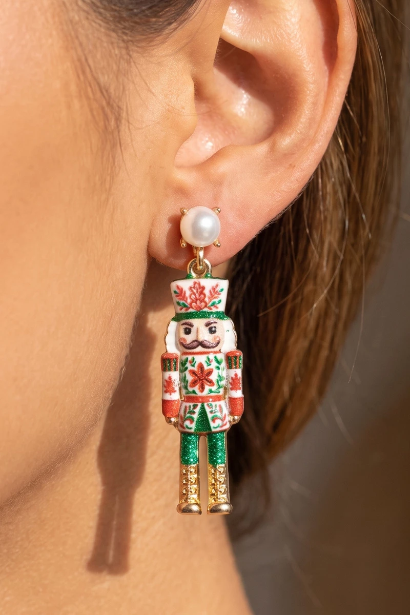 Vintage Christmas Print Nutcracker Pearl Drop Earrings