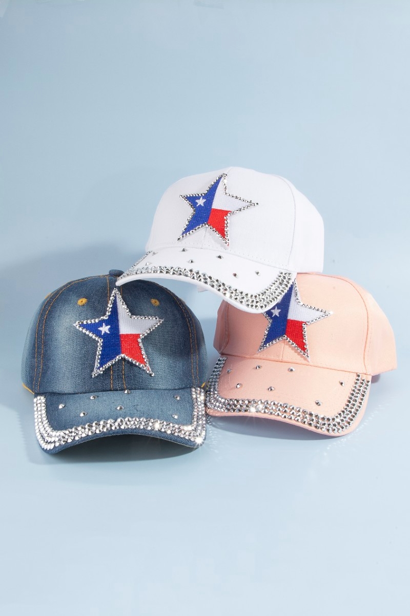 Texas Star Rhinestone Patch Baseball Cap With Crystal Brim