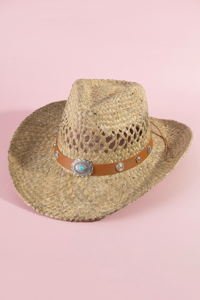 Straw Basket Concho Strap Western Cowboy Hat