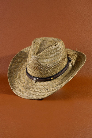 Western Longhorn Leather Strap Straw Cowboy Hat