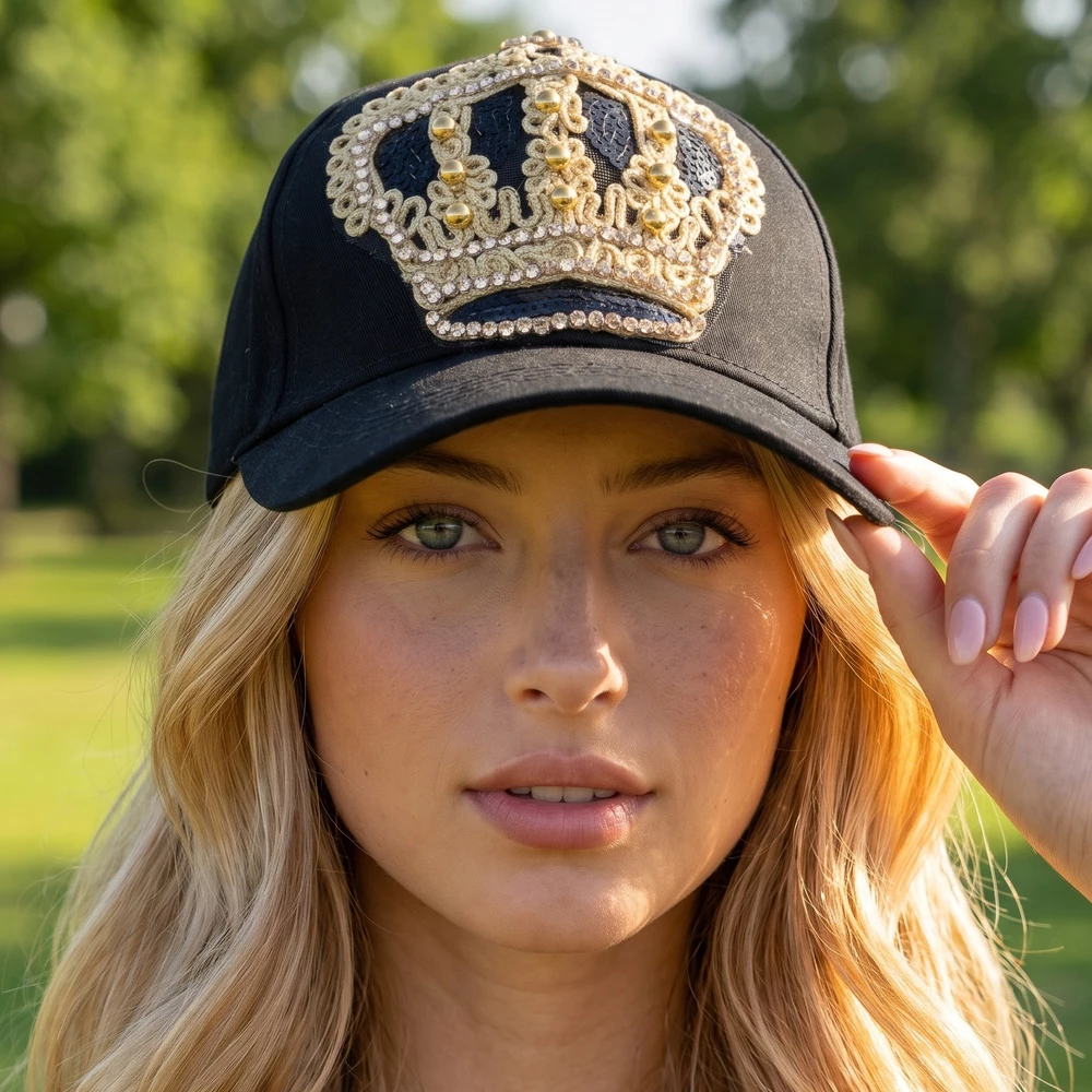 Sequin Crown Studded Cotton Baseball Cap