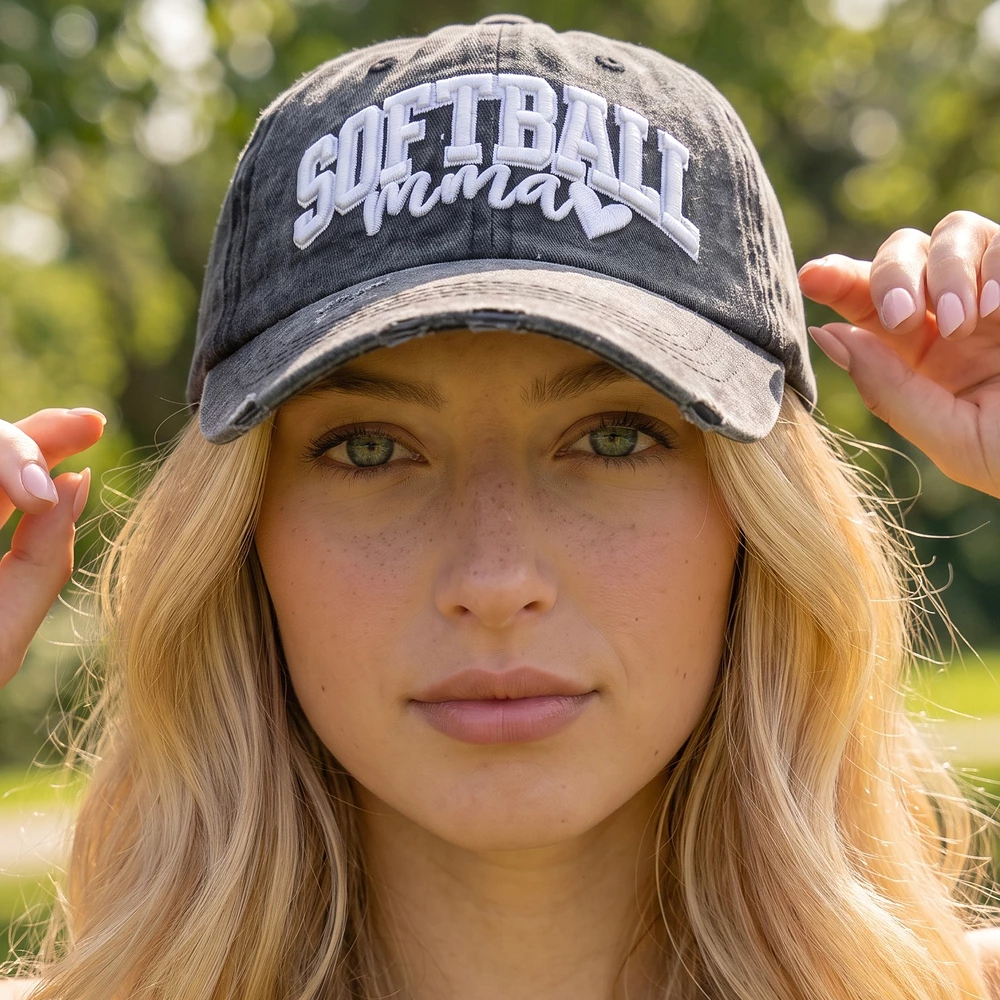 Softball Mama Raised Lettering Washed Baseball Cap