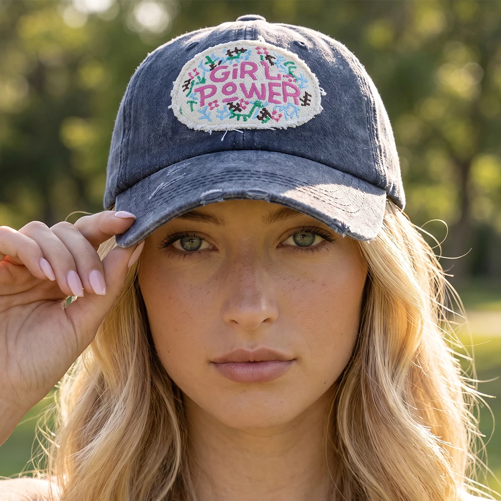 Girl Power Floral Oval Patch Washed Baseball Cap