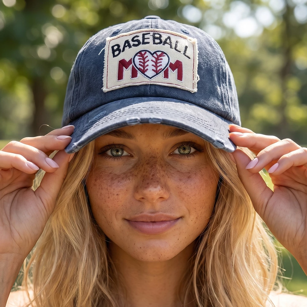 Baseball Mom Stitched Heart Patch Washed Cap