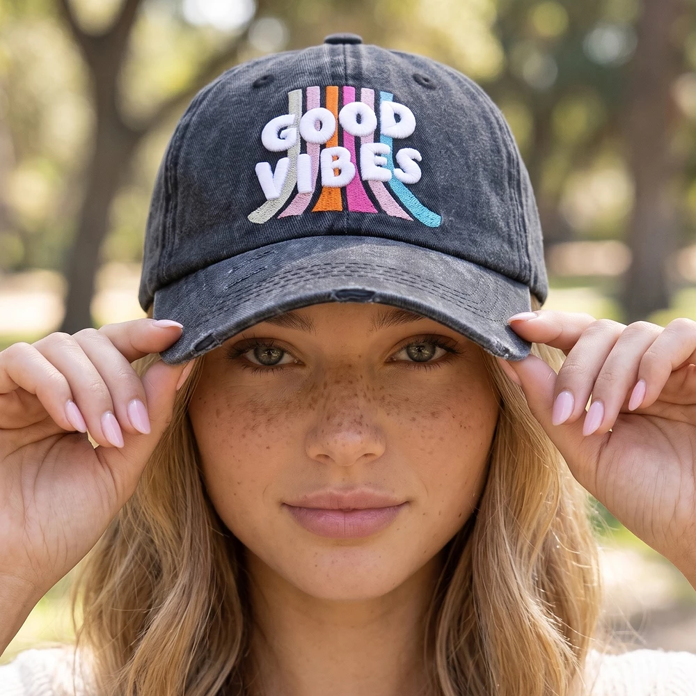 Good Vibes Rainbow Lettering Washed Baseball Cap