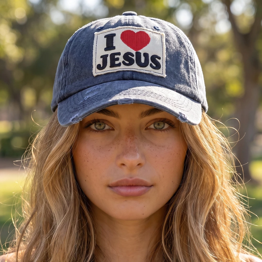 I Love Jesus Heart Patch Washed Baseball Cap