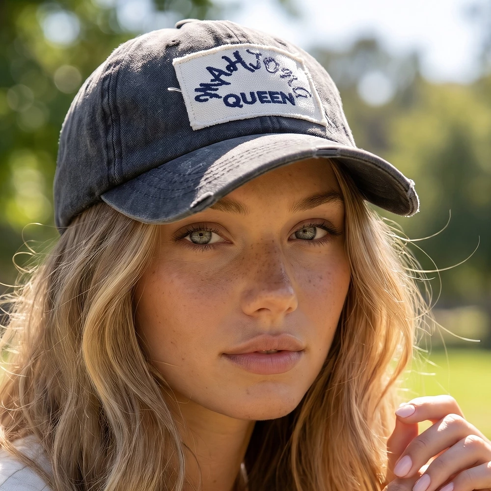 Mahjong Queen Script Patch Washed Baseball Cap