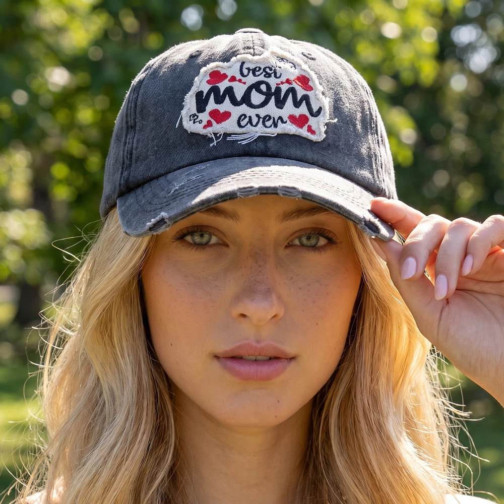 Best Mom Ever Hearts Patch Washed Baseball Cap