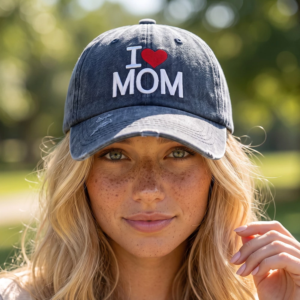 I Love Mom Raised Lettering Washed Baseball Cap