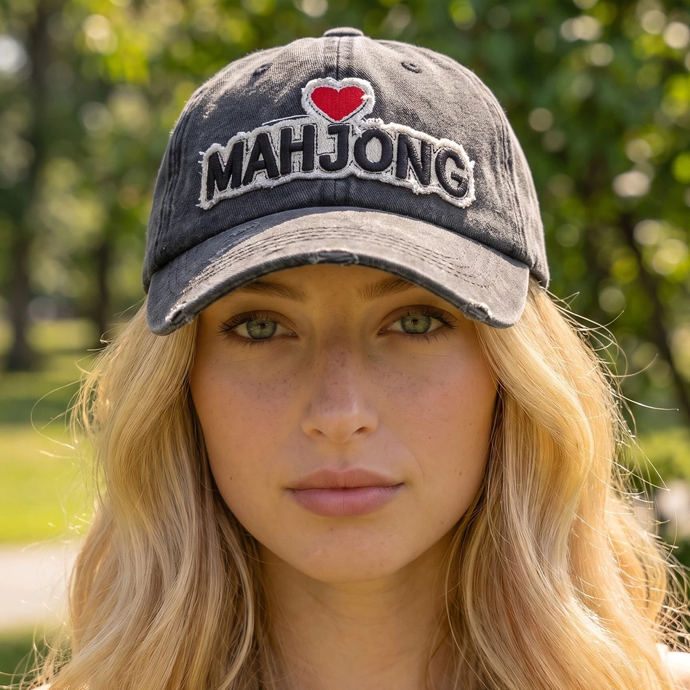 I Love Mahjong Block Patch Washed Baseball Cap