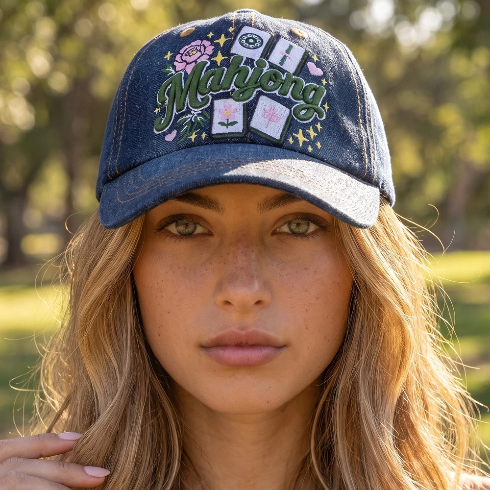 Mahjong Tiles Floral Embroidered Denim Baseball Cap