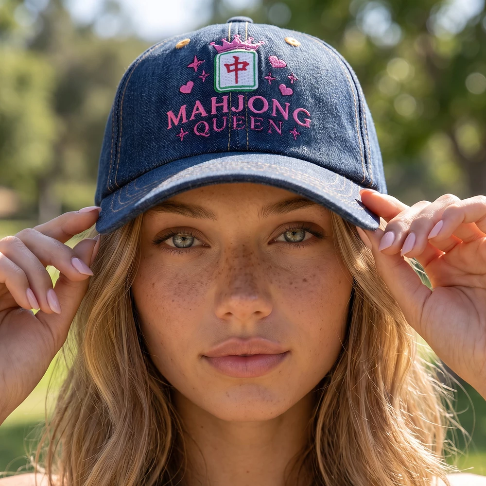 Mahjong Queen Crown Embroidered Denim Baseball Cap