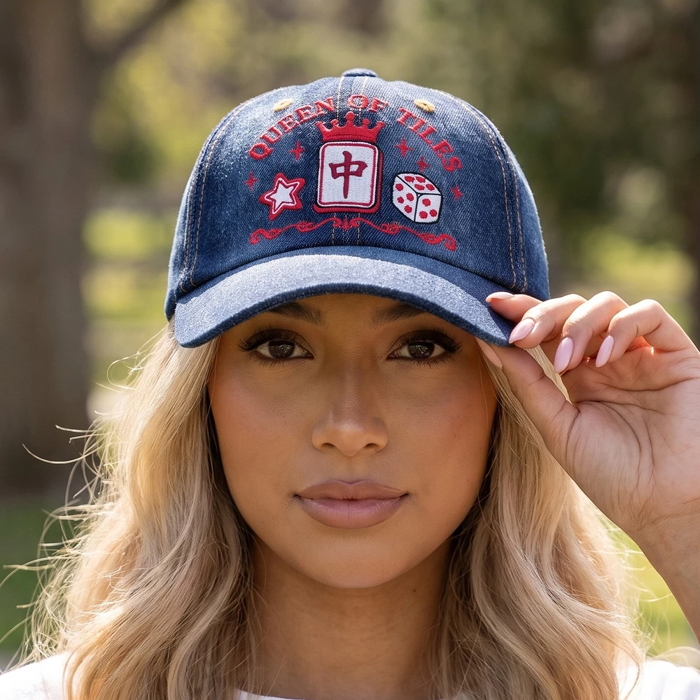 Queen Of Tiles Mahjong Embroidered Denim Baseball Cap