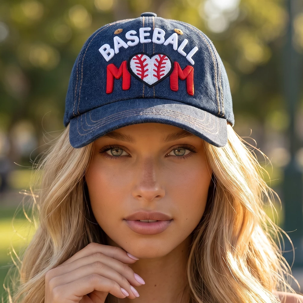Baseball Mom Stitched Heart Embroidered Denim Cap