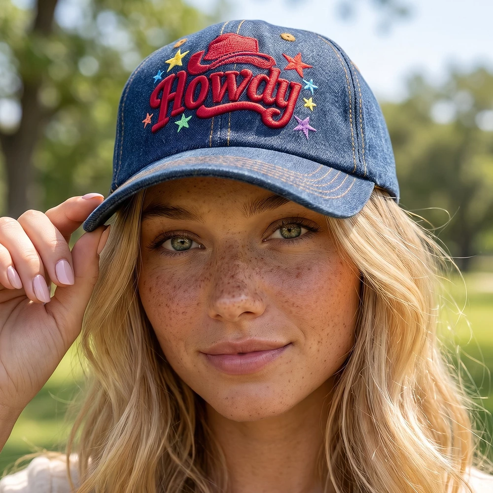 Howdy Cowboy Hat Embroidered Denim Baseball Cap