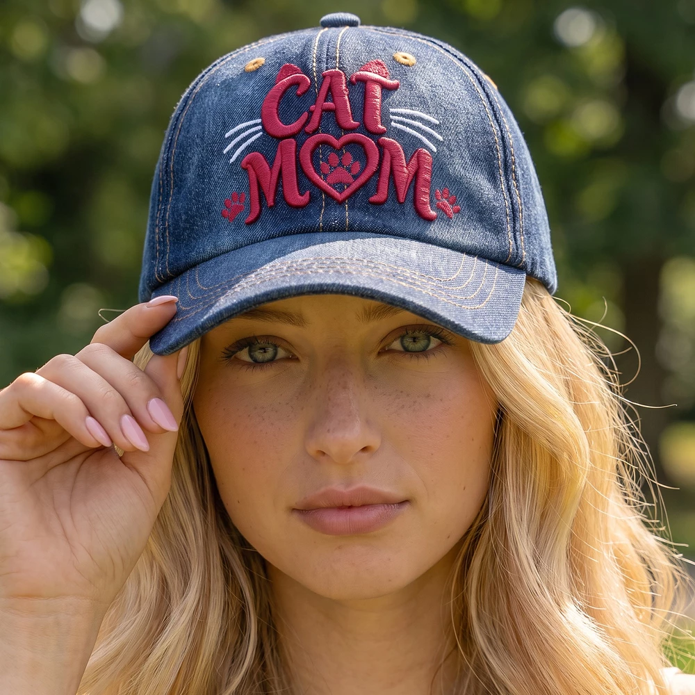 Cat Mom Whiskers Embroidered Denim Baseball Cap