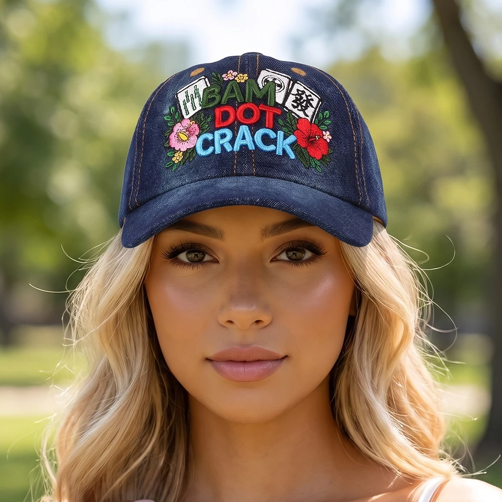 Bam Dot Crack Mahjong Floral Denim Baseball Cap