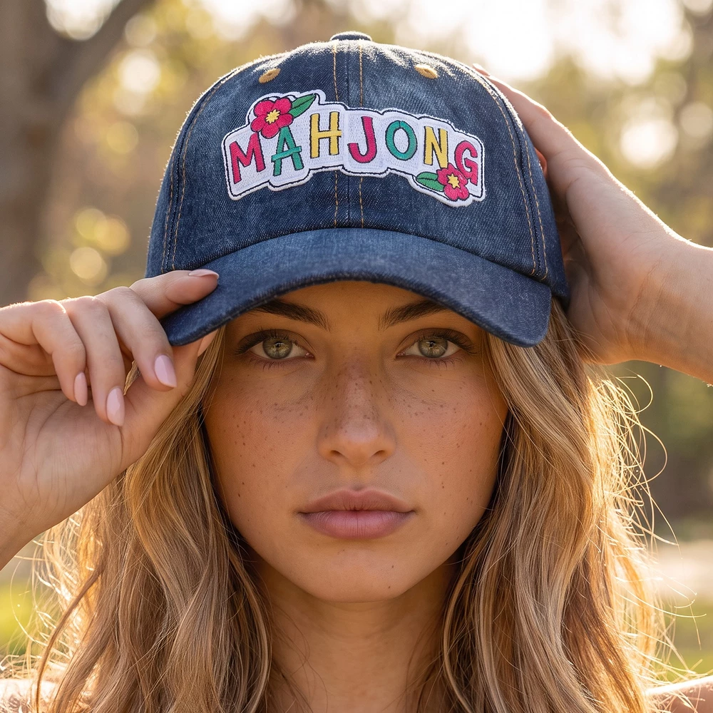 Mahjong Tile Letters Embroidered Denim Baseball Cap