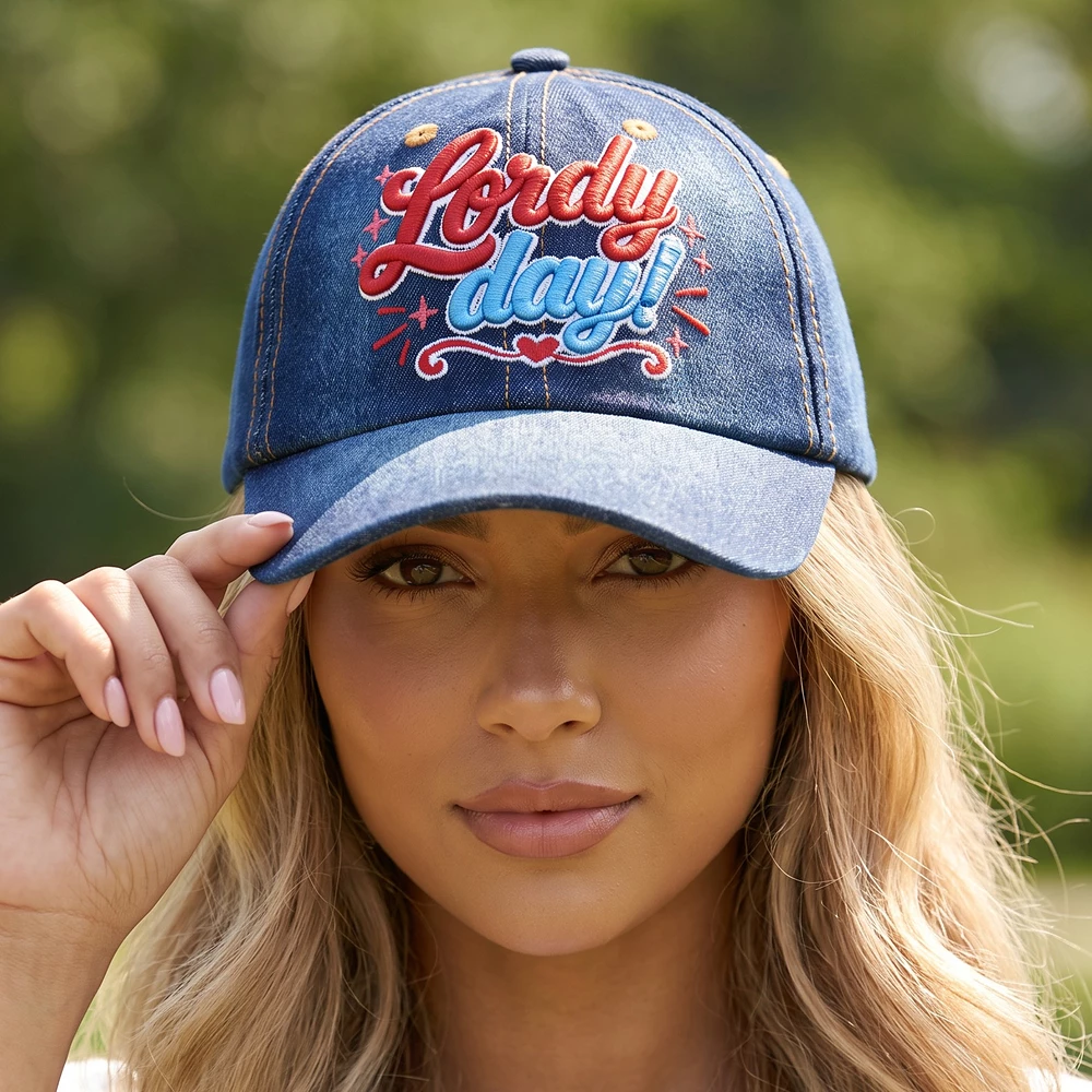 Lordy Day Script Embroidered Denim Baseball Cap