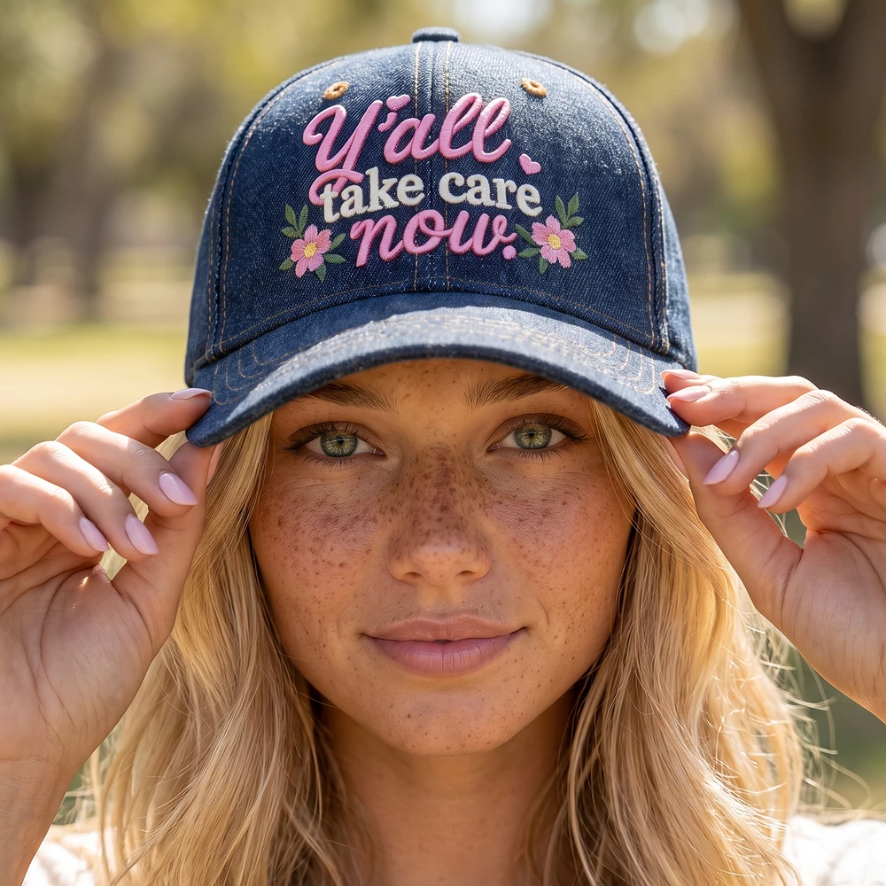 Yall Take Care Now Floral Script Denim Baseball Cap