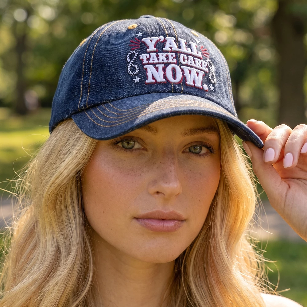Yall Take Care Now Block Embroidered Denim Cap