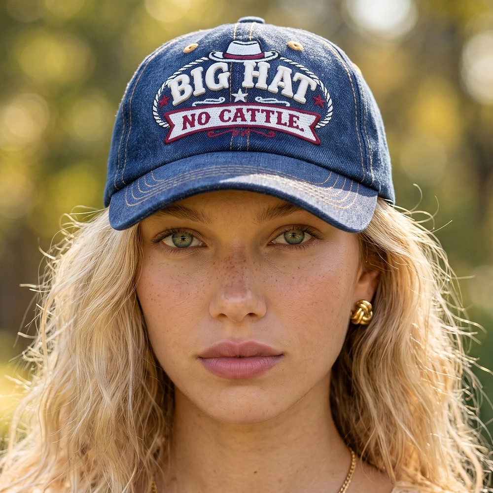 Big Hat No Cattle Banner Embroidered Denim Cap