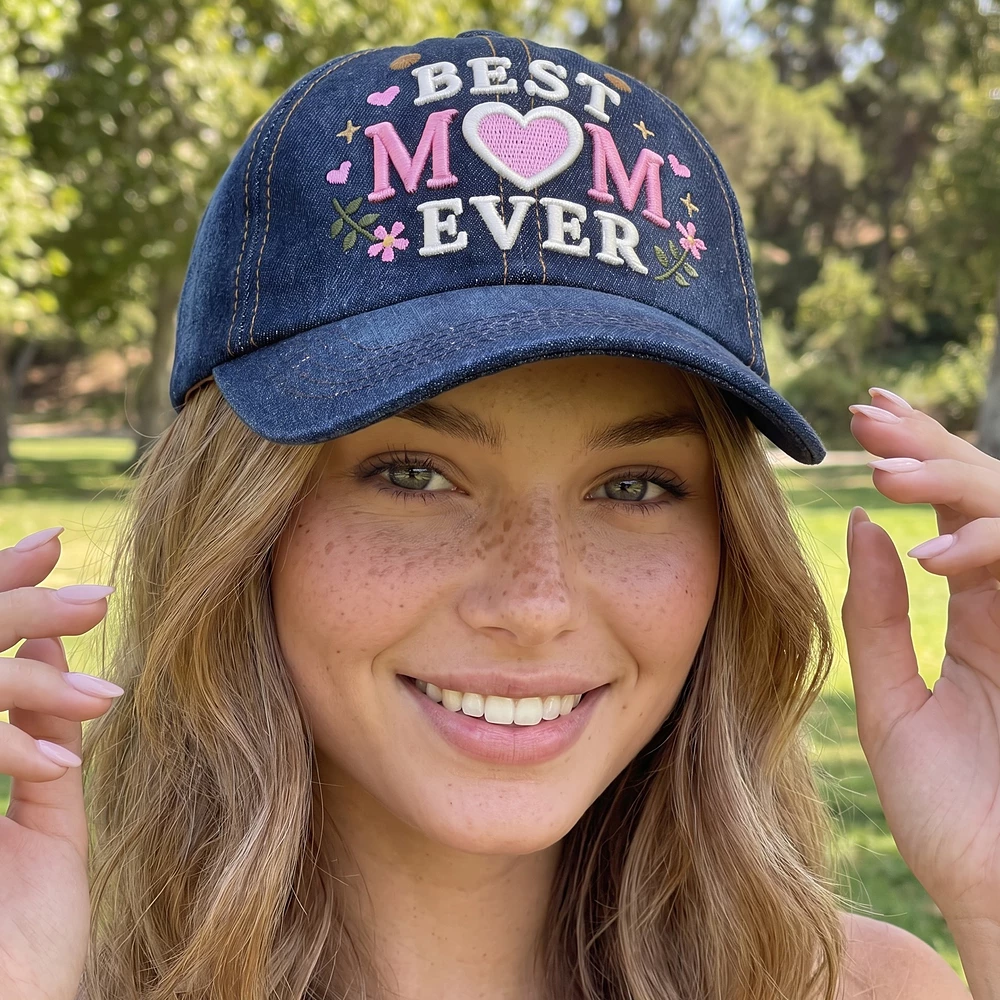 Best Mom Ever Heart Embroidered Denim Baseball Cap